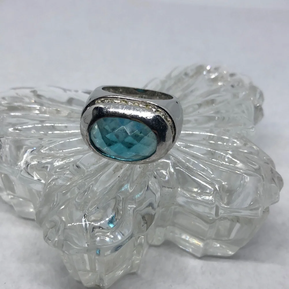 𝅺Vintage silver tone faux topaz costume ring statement JA